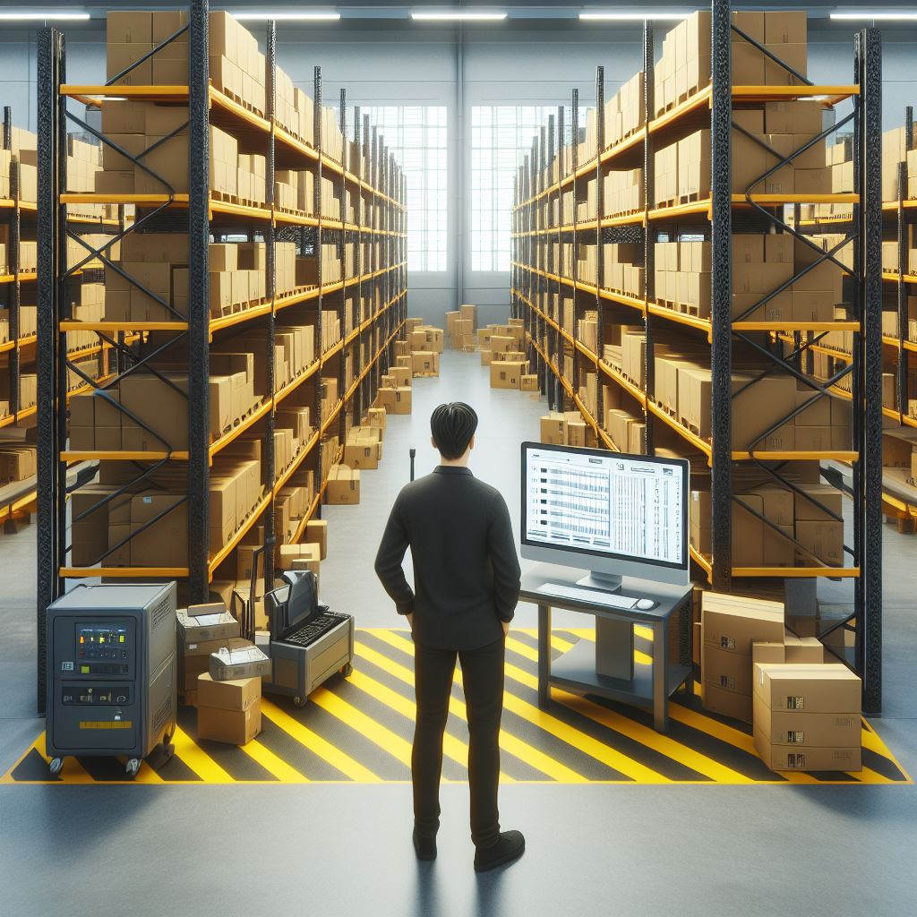 Man monitoring a warehouse with shelves of boxes and a computer.