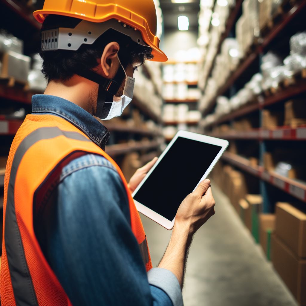 Worker in a hard hat and mask using a tablet in a warehouse.